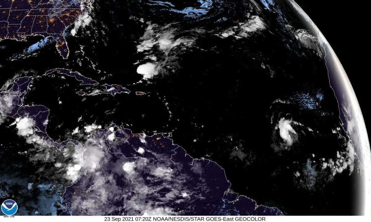 A satellite view of Tropical Depression Eighteen in the eastern Atlantic Ocean at 3:20 a.m. ET on Sept. 23, 2021. (NOAA)