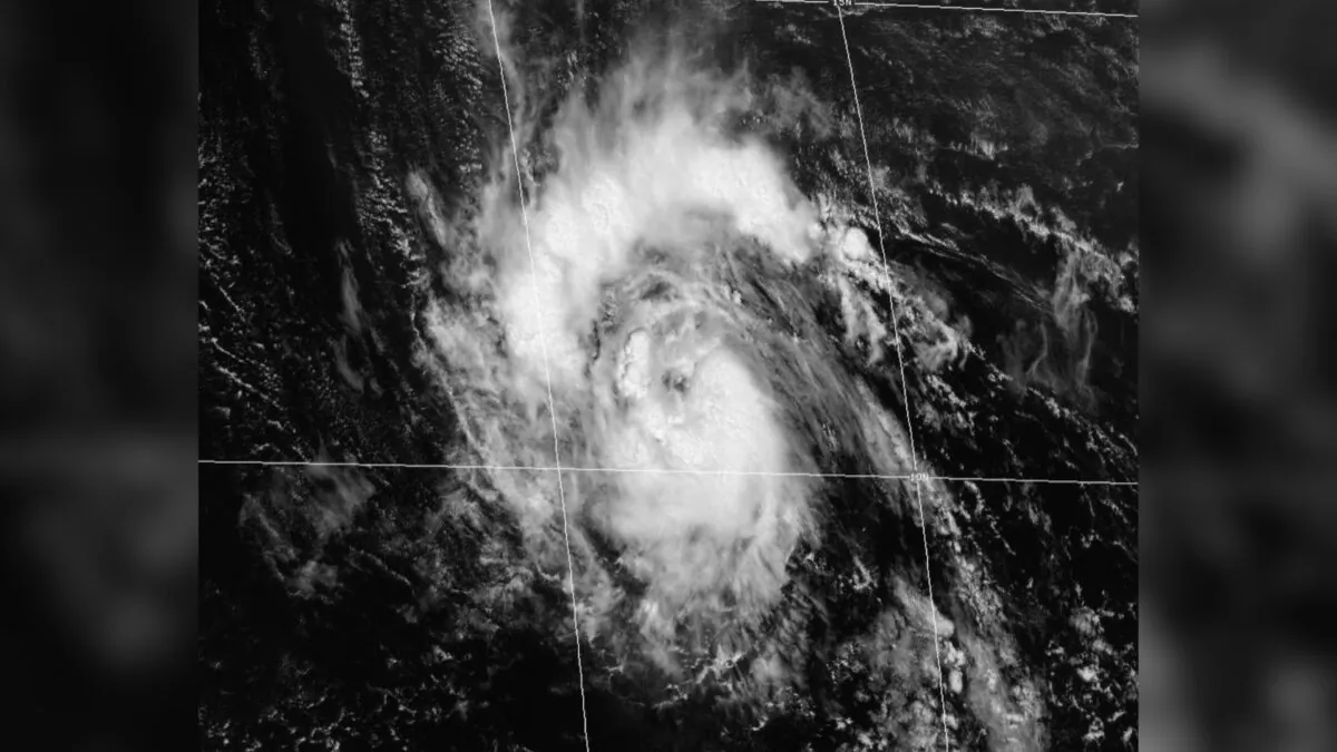 A satellite view of Tropical Storm Sam over the Atlantic Ocean on Sept. 23, 2021. (NOAA)