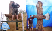 Lithuanian Chainsaw Artist Carves Huge Eagle Spreading Its Wings in Flight out of Logs