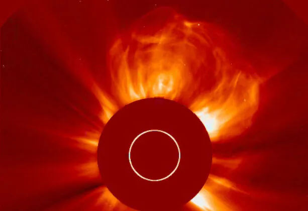 A coronal mass ejection (CME) erupting from the sun on Jan. 23, 2012. The flare was reportedly the largest since 2005 and is expected to affect GPS systems and other communications when it reaches the Earth's magnetic field in the morning of Jan. 24. (NOAA/National Weather Service's Space Weather Prediction Center via Getty Images)