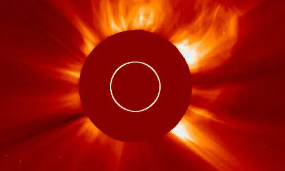 A coronal mass ejection (CME) erupting from the sun on Jan. 23, 2012. The flare was reportedly the largest since 2005 and is expected to affect GPS systems and other communications when it reaches the Earth's magnetic field in the morning of Jan. 24. (NOAA/National Weather Service's Space Weather Prediction Center via Getty Images)