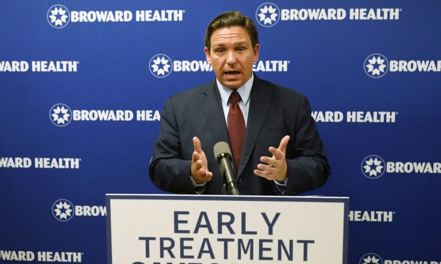 Florida Gov. Ron DeSantis speaks at a news conference at the Broward Health Medical Center in Fort Lauderdale, Fla., on Sept. 16, 2021. (Wilfredo Lee/AP Photo)