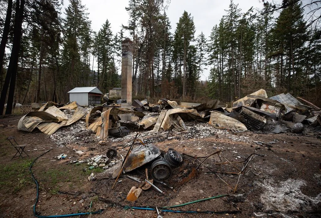 A chimney is all that remains standing at a home that was destroyed by the White Rock Lake wildfire earlier this month, in Monte Lake, B.C., on August 26, 2021. (The Canadian Press/Darryl Dyck)