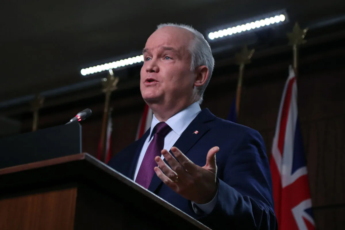Conservative Party leader Erin O’Toole speaks at a press conference in Ottawa, Canada, on Feb. 16, 2021. (The Canadian Press/David Kawai)