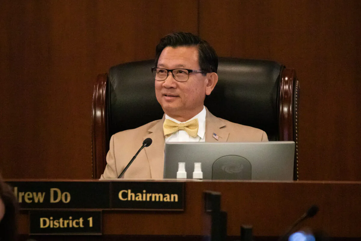 Orange County Supervisor Chairman Andrew Do listens to Orange County residents at a Board of Supervisors meeting in Santa Ana, Calif., on Aug. 10, 2021. (John Fredricks/The Epoch Times)