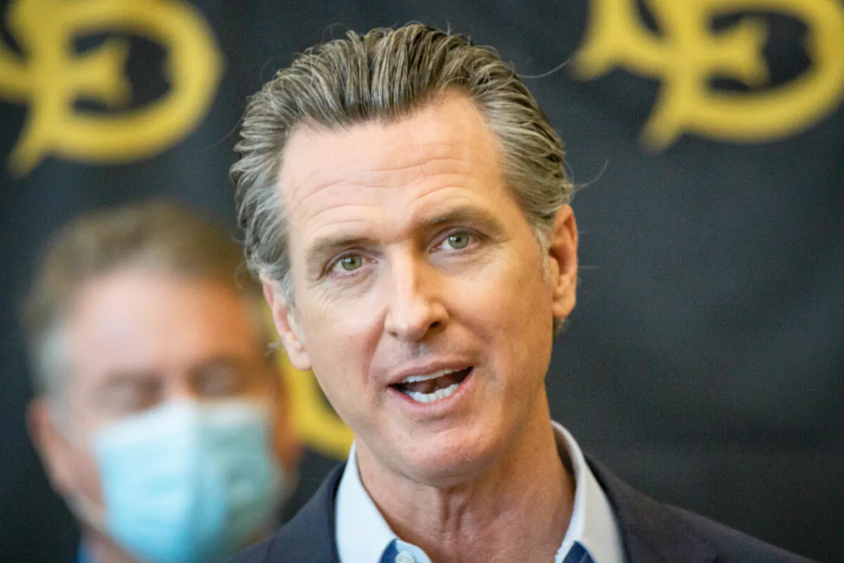 California Governor Gavin Newsom speaks at California State University Long Beach, in Long Beach, Calif., on March 3, 2021. (John Fredricks/The Epoch Times)