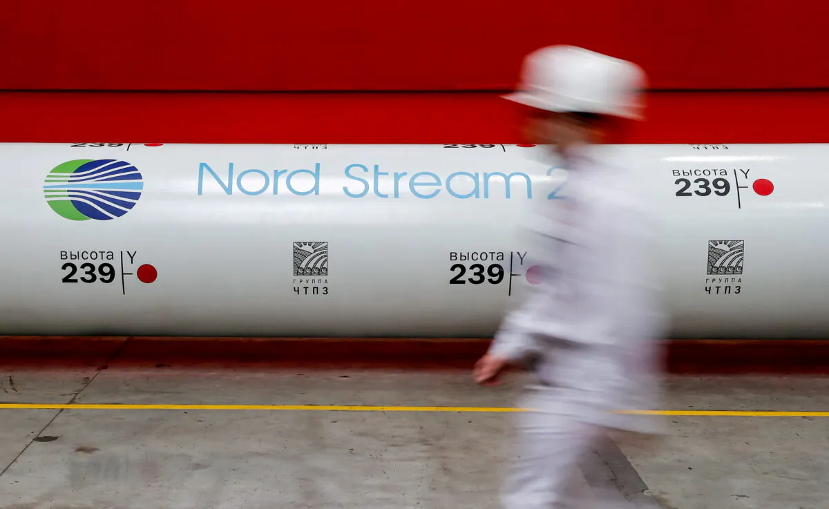 The logo of the Nord Stream 2 gas pipeline project is seen on a pipe at the Chelyabinsk pipe rolling plant in Chelyabinsk, Russia, on Feb. 26, 2020. (Maxim Shemetov/Reuters)