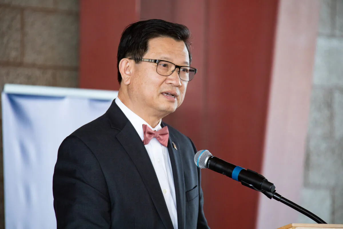 Orange County Supervisor Andrew Do speaks on the opening day of a coronavirus vaccination site at the Orange County Fairgrounds in Costa Mesa, Calif., on March 31, 2021. (John Fredricks/The Epoch Times)