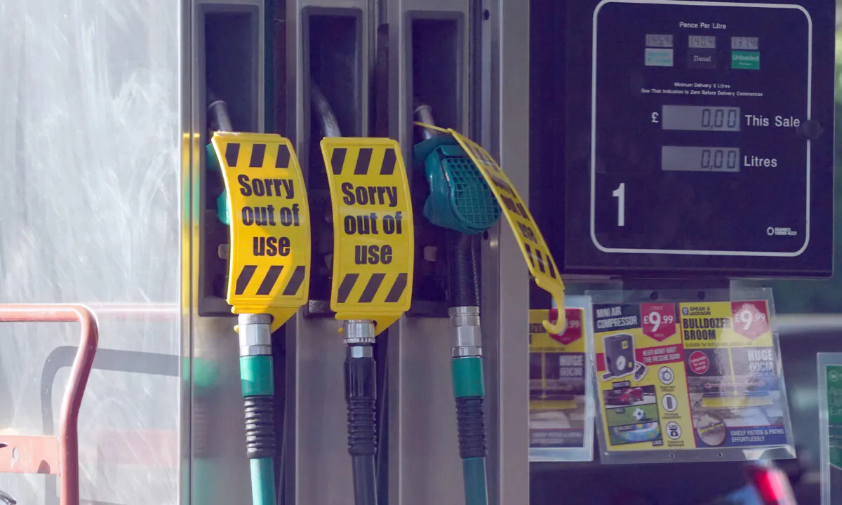 Closed pumps at a co-op Texaco garage in Maidenhead, Berkshire, England, on Sept. 24, 2021. (Jonathan Brady/PA)