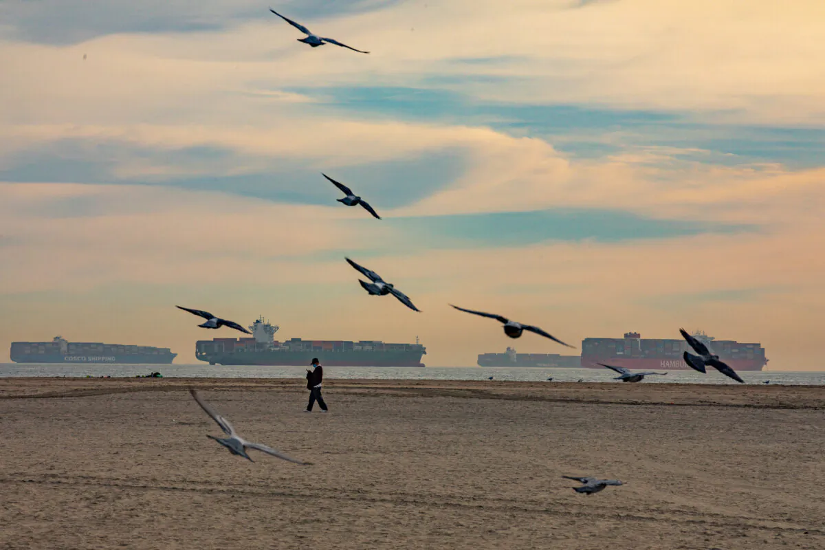 Ships line the horizon seen from Seal Beach, Calif., as they await to come ashore to the Port of Los Angeles, on Jan. 12, 2021. (John Fredricks/The Epoch Times)