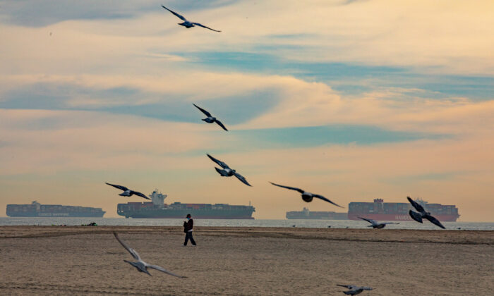 Ships line the horizon seen from Seal Beach, Calif., as they await to come ashore to the Port of Los Angeles, on Jan. 12, 2021. (John Fredricks/The Epoch Times)