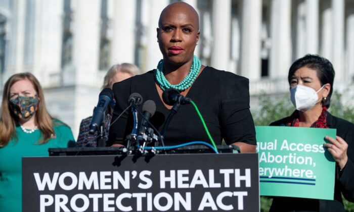 Rep. Ayanna Pressley (D-Mass.) (C) speaks in support of the Women's Health Protection Act, with primary sponsor Rep. Judy Chu (D-Calif.) (R), outside the U.S. Capitol in Washington on Sept. 24, 2021. (Saul Loeb/AFP via Getty Images)