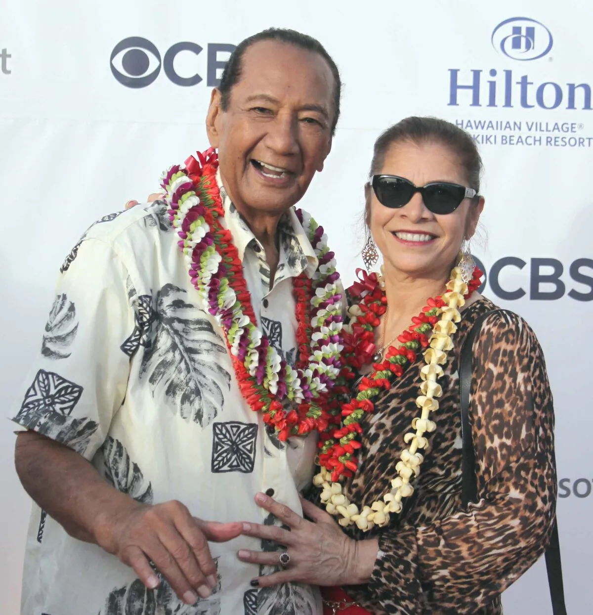 Al Harrington and Rosa Navarro-Hoffman during the Hawaii Five-O and Magnum P.I. Sunset On The Beach event on Waikiki Beach, in Honolulu, Hawaii, on Sept. 19, 2019. (Michael Sullivan/CSM/Zuma Press/TNS)