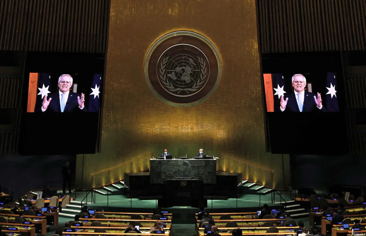 Prime Minister of the Commonwealth of Australia Scott Morrison addresses via prerecorded video the General Debate of the 76th Session of the United Nations General Assembly at UN headquarters in New York, on Sept. 24, 2021,. (Peter Foley/Pool/AFP via Getty Images)
