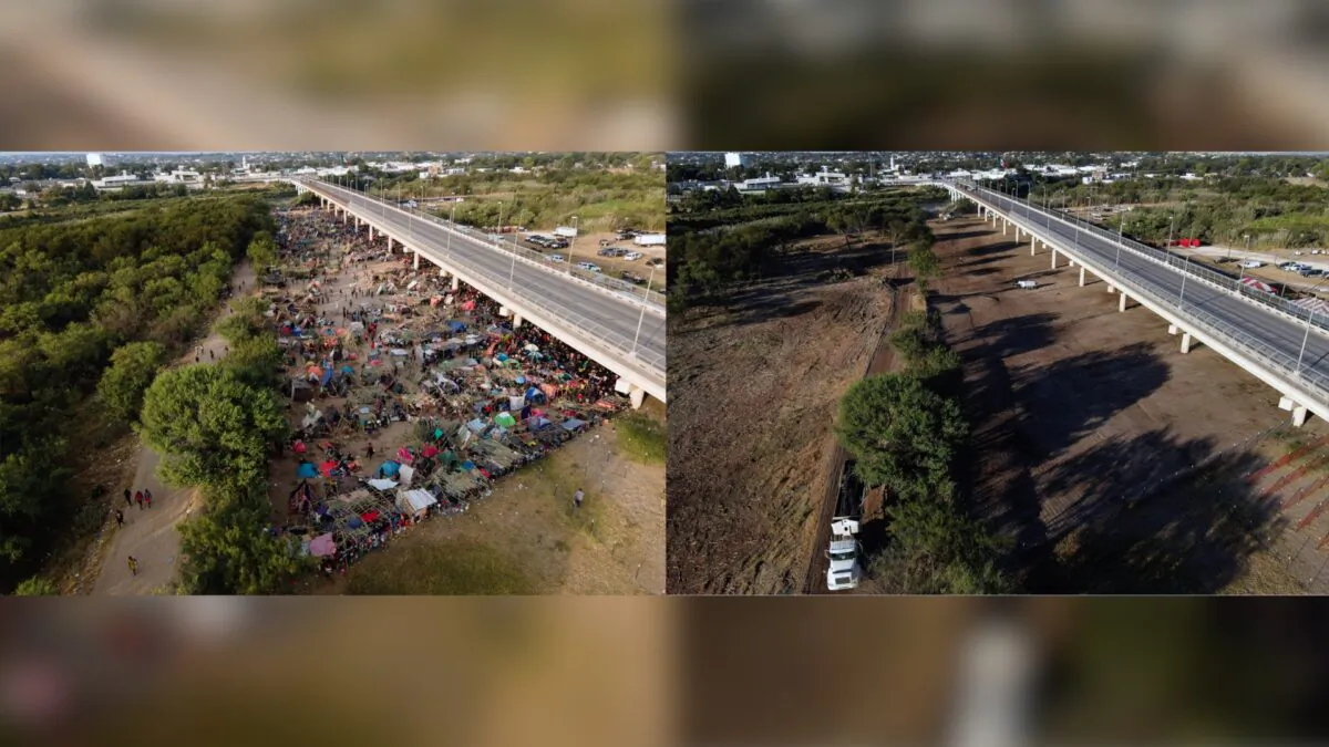 This photo combination shows an area where migrants, many from Haiti, were encamped along the Del Rio International Bridge on Sept. 21, 2021, and a photo showing the area after it was cleared off by authorities in Del Rio, Texas, on Sept. 25, 2021. (Julio Cortez/AP Photo)
