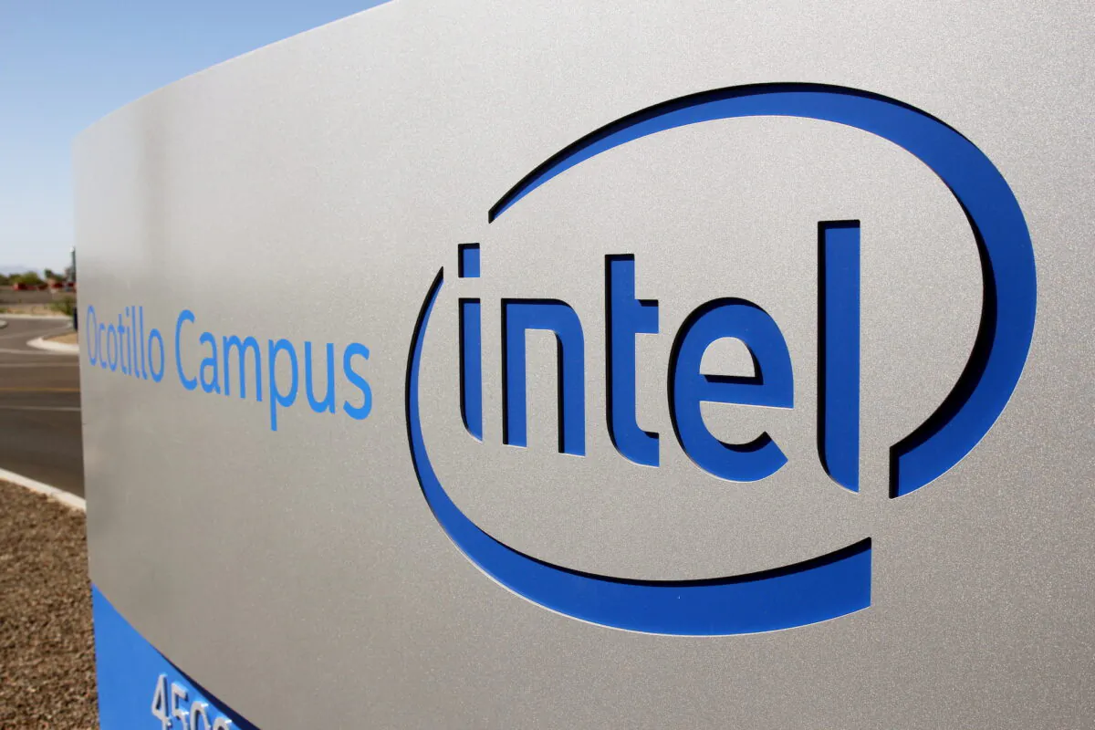 The logo for the Intel Corporation is seen on a sign outside the Fab 42 microprocessor manufacturing site in Chandler, Ariz., on Oct. 2, 2020. (Nathan Frandino/Reuters)
