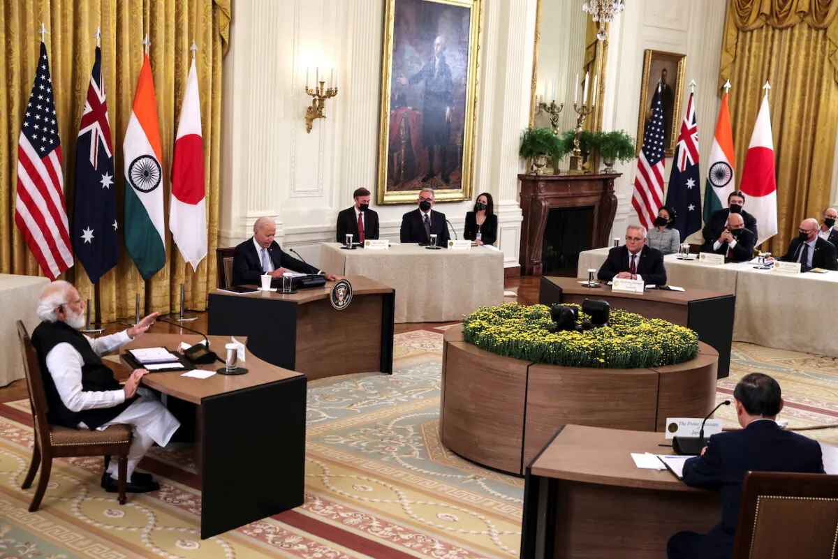 India's Prime Minister Narendra Modi speaks during a 'Quad nations' meeting at the Leaders' Summit of the Quadrilateral Framework hosted by U.S. President Joe Biden with Australia's Prime Minister Scott Morrison and Japan's Prime Minister Yoshihide Suga in the East Room at the White House in Washington, on Sept. 24, 2021. (Evelyn Hockstein/Reuters)