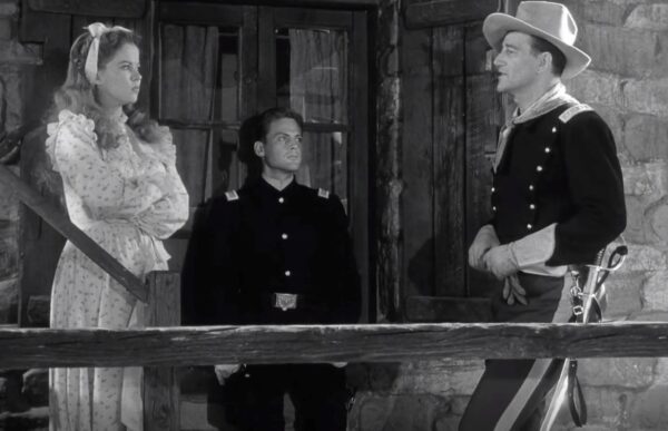 Shirley Temple, John Agar, and John Wayne in Fort Apache