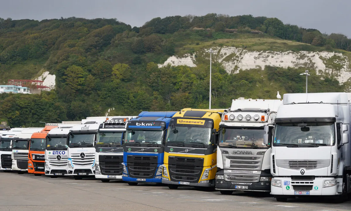 European lorries parked in Dover, Kent, on Sept. 26, 2021. (Gareth Fuller/PA)