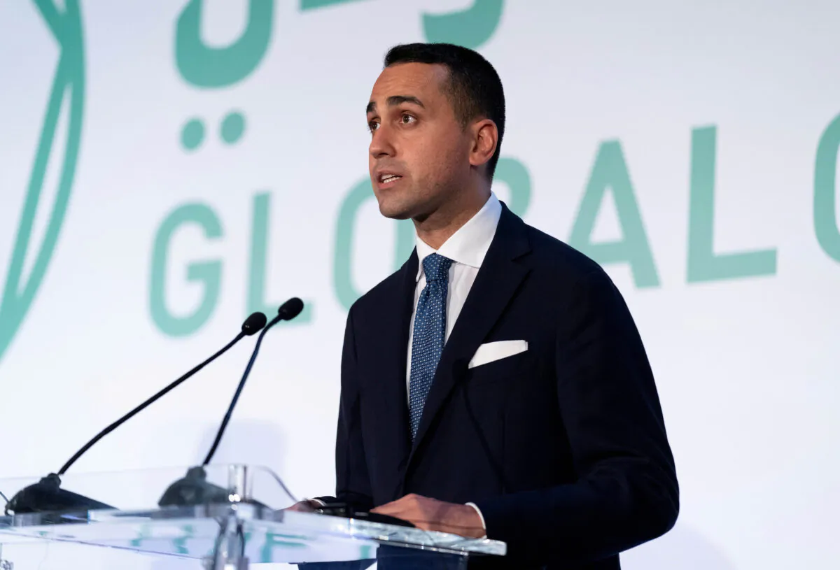 Italy's Foreign Minister Luigi Di Maio speaks during a news conference with U.S. Secretary of State Antony Blinken at Fiera Roma in Rome on June 28, 2021. (Andrew Harnik/Pool via Reuters)