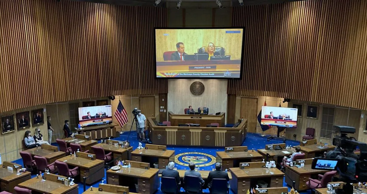 The Arizona state Senate discusses the Maricopa County audit results during a hearing in Phoenix, on Sept. 24, 2021. (Allan Stein/Epoch Times)