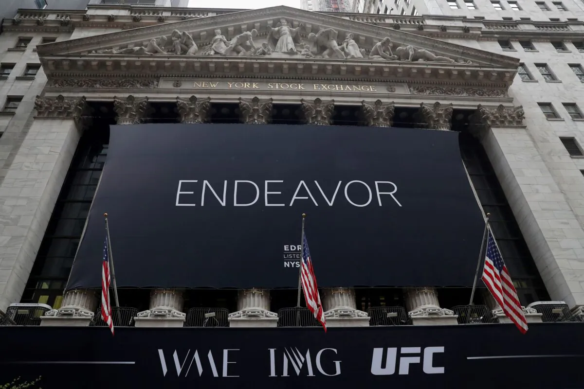 The logo of Endeavor Group Holdings Inc. at the New York Stock Exchange on the morning of its public listing in New York on April 29, 2021. (Shannon stapleton/Reuters)