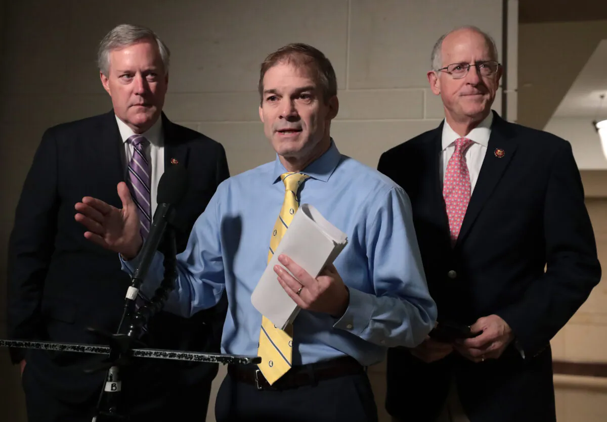Rep. Jim Jordan (R-Ohio) (C), speaks to members of the media outside a closed session before the House Intelligence, Foreign Affairs, and Oversight committees at the U.S. Capitol on Oct. 28, 2019. (Mark Wilson/Getty Images)