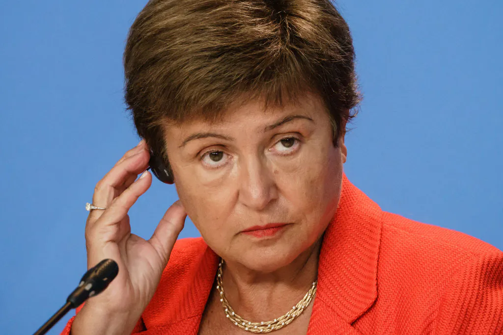 Kristalina Georgieva, managing director of the International Monetary Fund, speaks during a press conference at the German chancellery in Berlin on Aug. 26, 2021. (Clemens Bilan/Getty Images)
