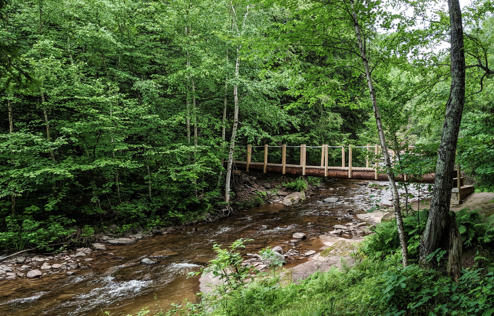 Wooden,Bridge,Over,A,Rushing,River,In,The,Wilderness,With