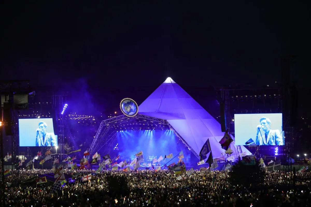 The Killers playing the Pyramid Stage at Glastonbury Festival at Worthy Farm in Somerset, England, on June 29, 2019. (Aaron Chown/PA)