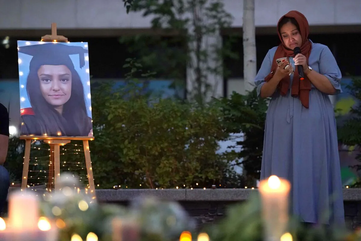 Sabina Nessa's sister Jebina Yasmin Islam at a vigil in memory of the primary school teacher at Pegler Square in Kidbrooke, south London, on Sept. 24, 2021. (Jonathan Brady/PA)