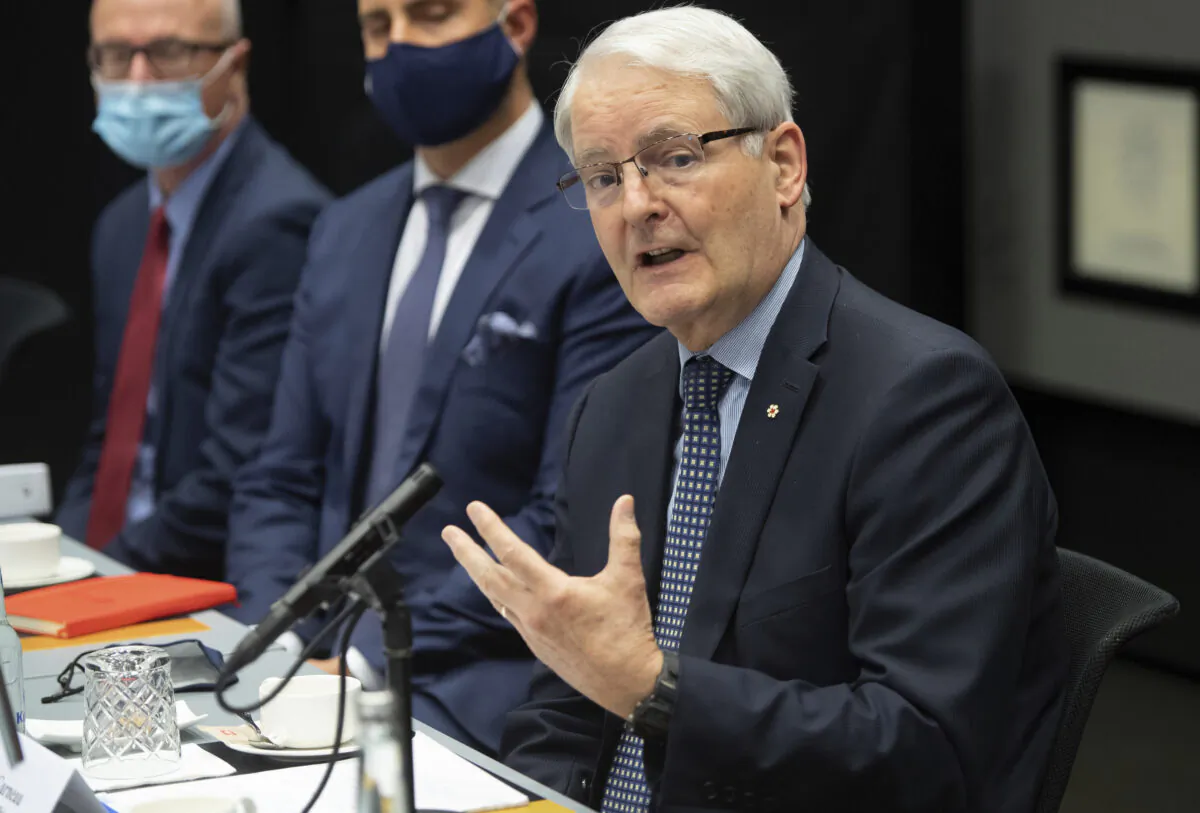 Then Foreign Affairs Minister Marc Garneau speaks during a meeting with U.S. Secretary of State Antony Blinken at the Harpa Concert Hall in Reykjavik, Iceland, on May 19, 2021. (Pool Photo via AP/Saul Loeb)
