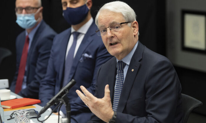 Then Foreign Affairs Minister Marc Garneau speaks during a meeting with U.S. Secretary of State Antony Blinken at the Harpa Concert Hall in Reykjavik, Iceland, on May 19, 2021. (Pool Photo via AP/Saul Loeb)