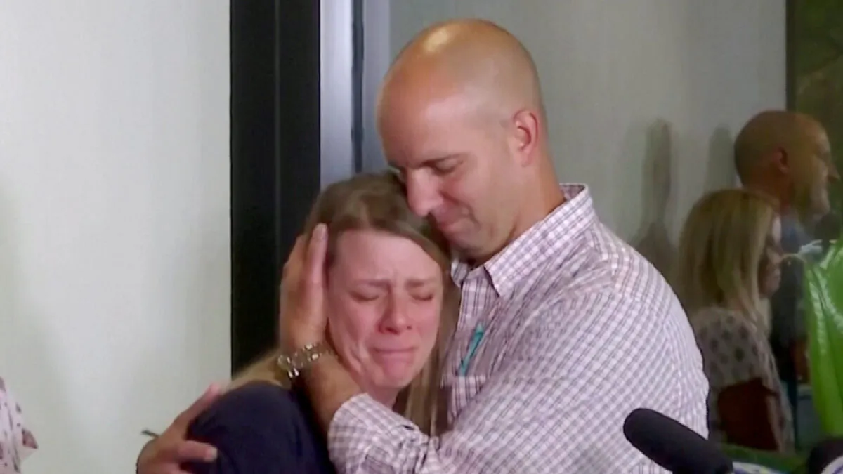 Gabby Petito's mother Nichole Schmidt and stepfather Jim Schmidt at a press conference in Bohemia, N.Y., on Sept. 28, 2021. (Reuters/Screenshot via NTD)