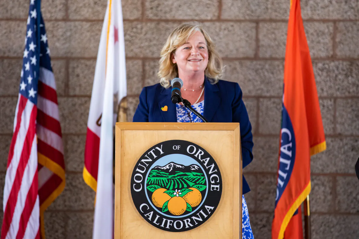 Orange County Supervisor Katrina Foley speaks on the opening day of a coronavirus vaccination site  at the Orange County Fairgrounds in Costa Mesa, Calif., on March 31, 2021. (John Fredricks/The Epoch Times)