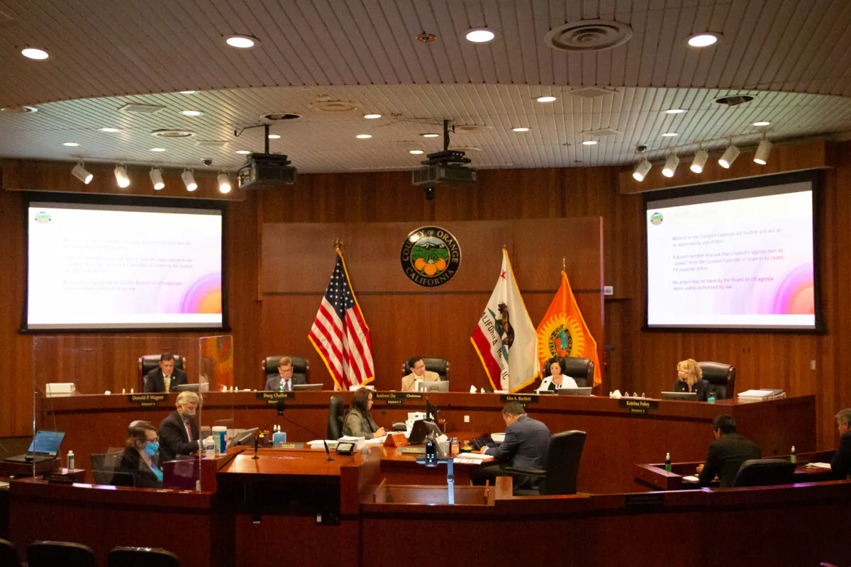 The Orange County Board of Supervisors listens to Orange County residents at a meeting in Santa Ana, Calif., on Aug. 10, 2021. (John Fredricks/The Epoch Times)