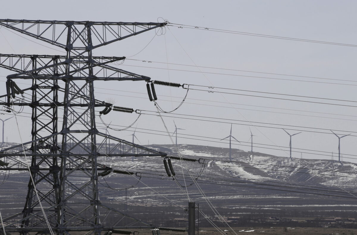 Power lines and wind turbines