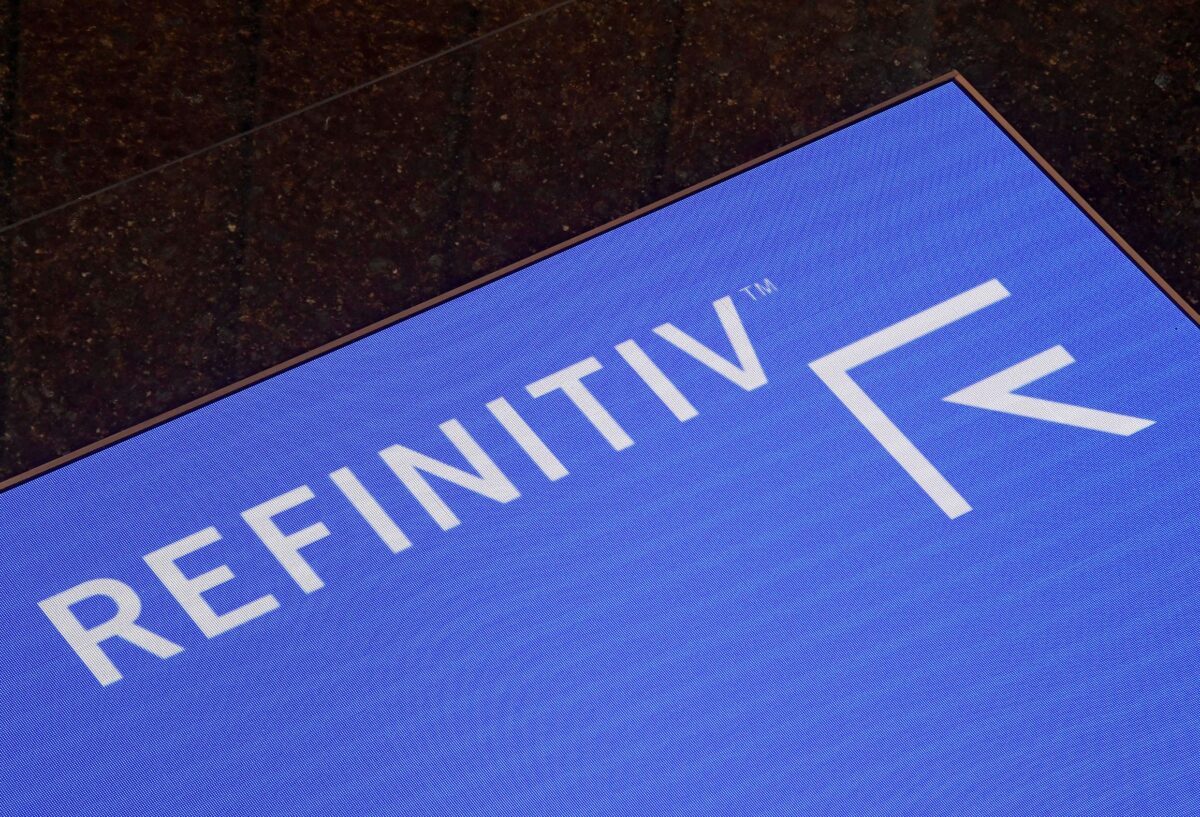 The Refinitiv logo is seen on a screen in offices in Canary Wharf in London, Britain, on Aug. 1, 2019. (Toby Melville/Reuters)