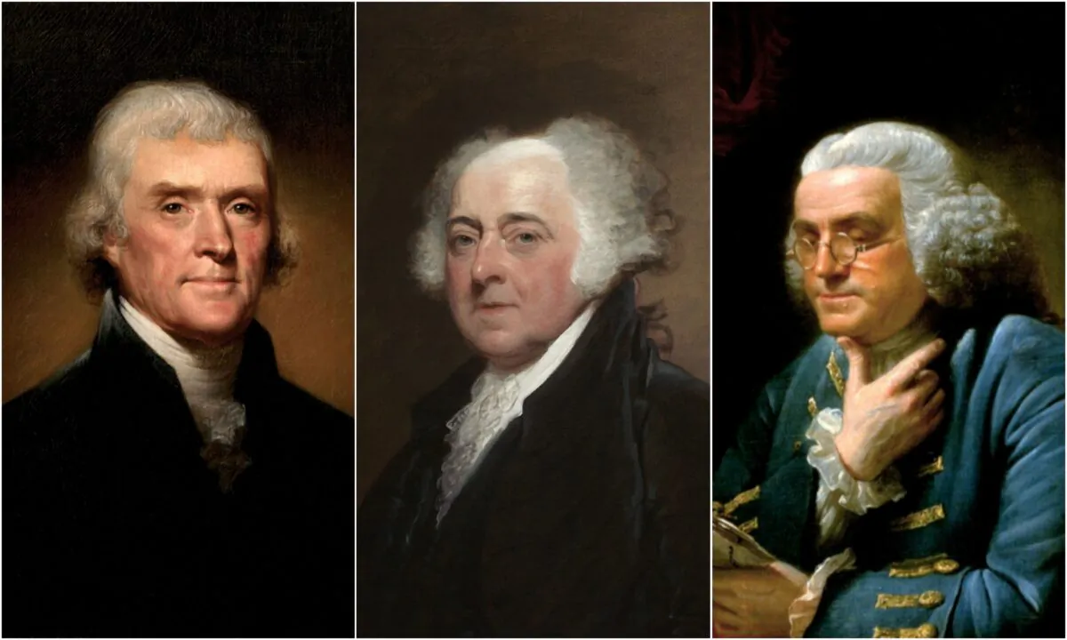 (L-R) Thomas Jefferson advised no less than two hours of exercise a day, regardless of weather. John Adams opined: “Old minds are like old horses; you must exercise them if you wish to keep them in working order.” Benjamin Franklin walked and lifted weights into his old age. (Public domain)