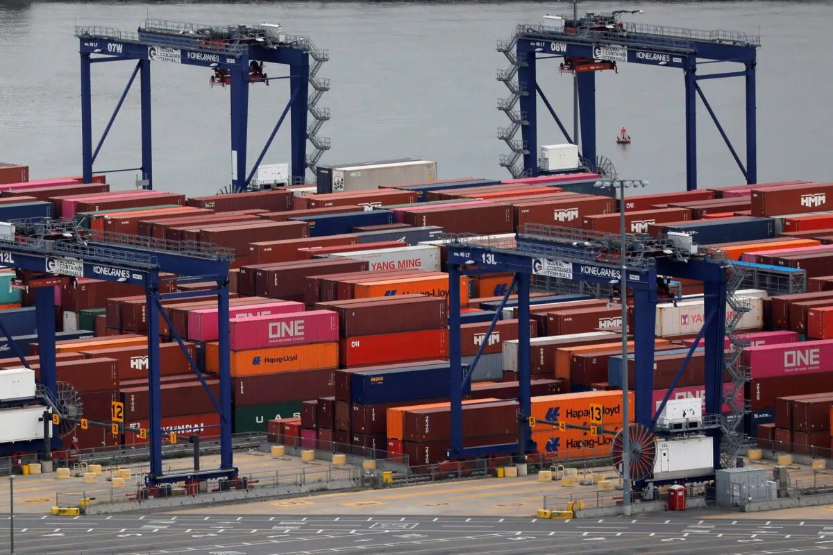 Shipping containers are seen at the port in Bayonne, N.J., on Aug. 21, 2021. (Andrew Kelly/Reuters)