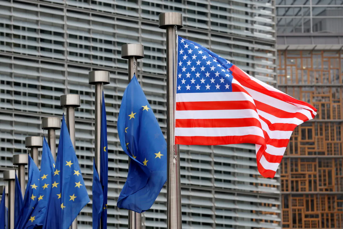 U.S. and European Union flags outside the European Commission headquarters in Brussels, Belgium, on Feb. 20, 2017. (Francois Lenoir/Reuters)