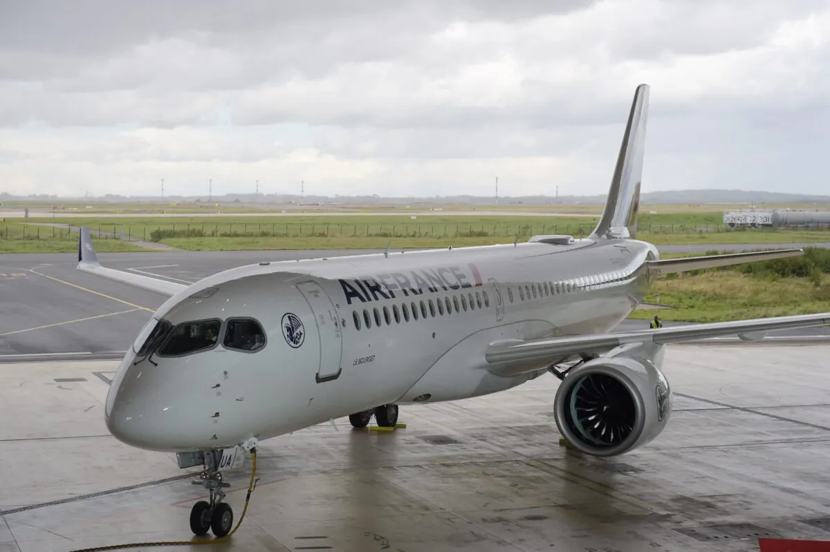 The First Air France Airbus A220-300 is seen during its unveiling at Air France facility in Roissy-Charles-de-Gaulle airport, Paris, France, on Sept. 29, 2021. (Eric Piermont/AFP via Getty Images)