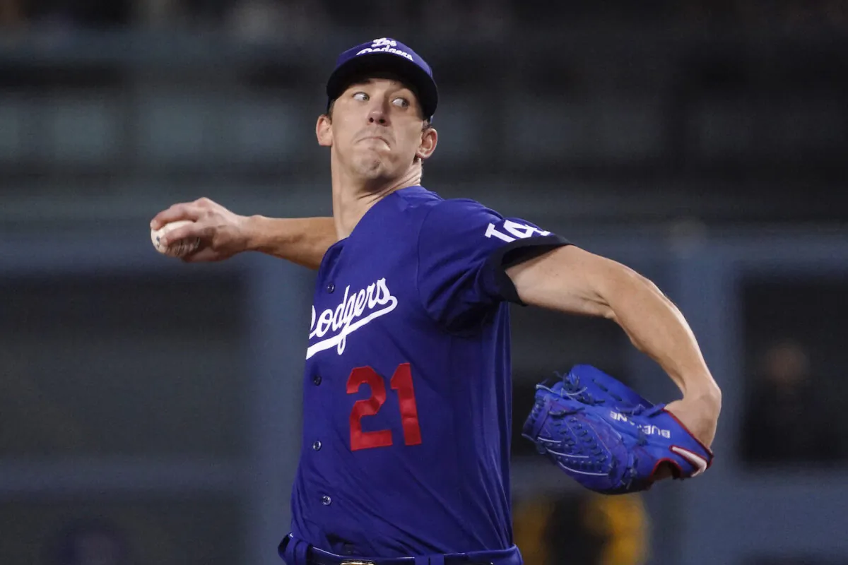 Los Angeles Dodgers starting pitcher Walker Buehler throws to the plate during the first inning of a baseball game against the San Diego Padres in Los Angeles on Sept. 28, 2021. (AP Photo/Mark J. Terrill)