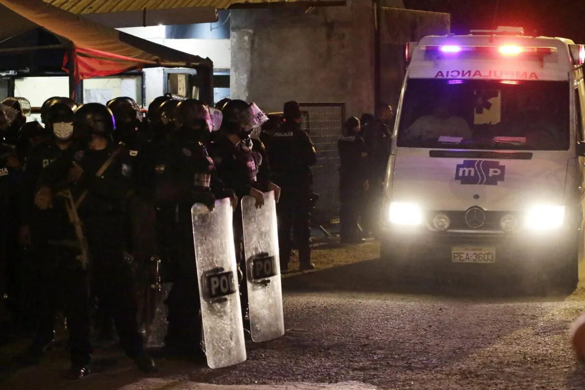 An ambulance leaves from the Litoral penitentiary after a riot, in Guayaquil, Ecuador, on Sept. 28, 2021. (Angel DeJesus/AP Photo)