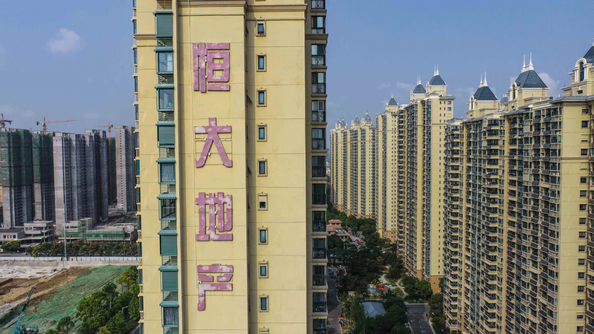 This aerial photo taken on September 17, 2021 shows a housing complex by Chinese property developer Evergrande in Huaian in China's eastern Jiangsu province. - China OUT (STR/AFP via Getty Images)