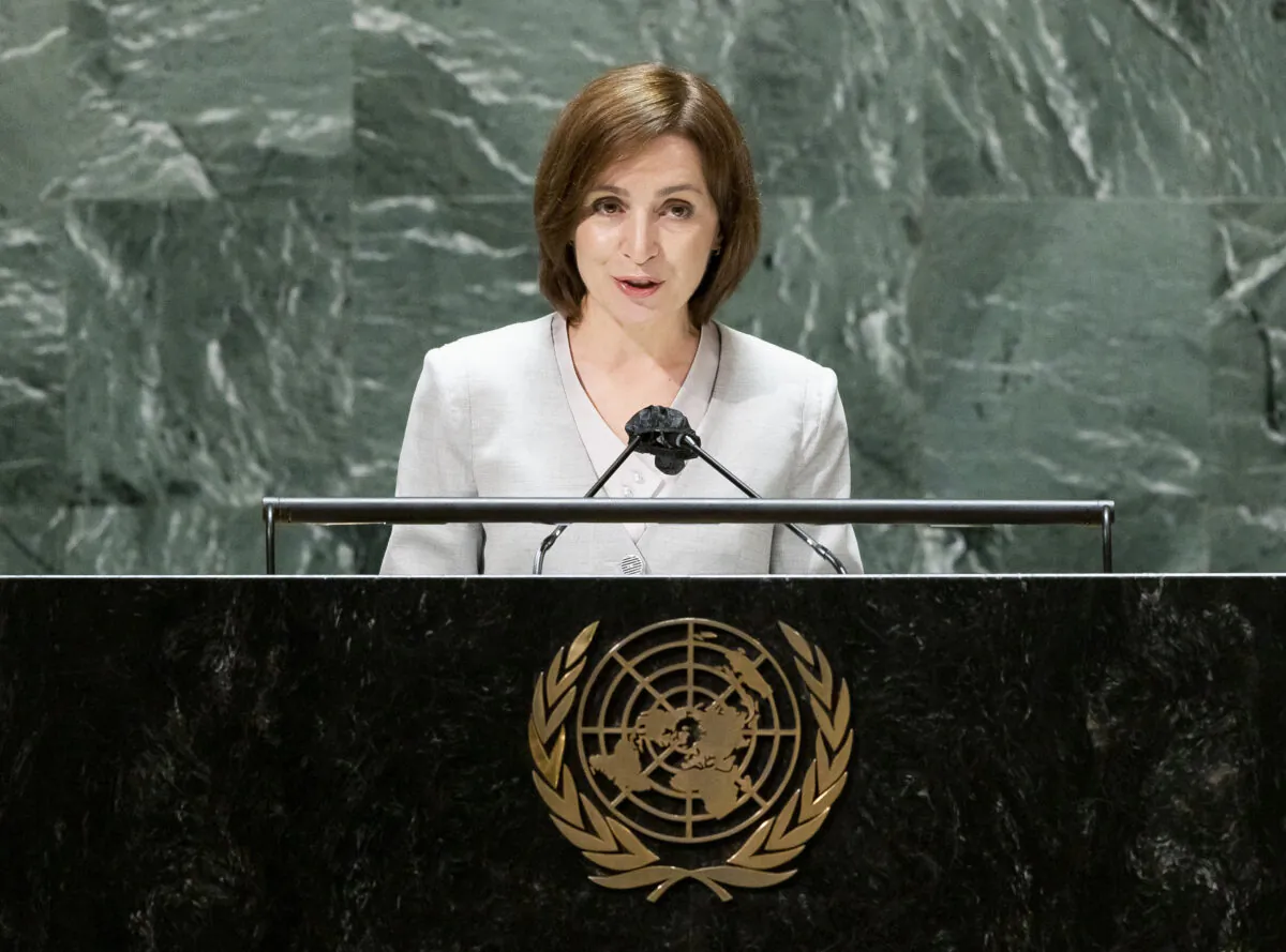 Moldova's President Maia Sandu addresses the United Nations General Assembly in New York City on Sept. 22, 2021 in New York City. (Justin Lane- Pool/Getty Images)
