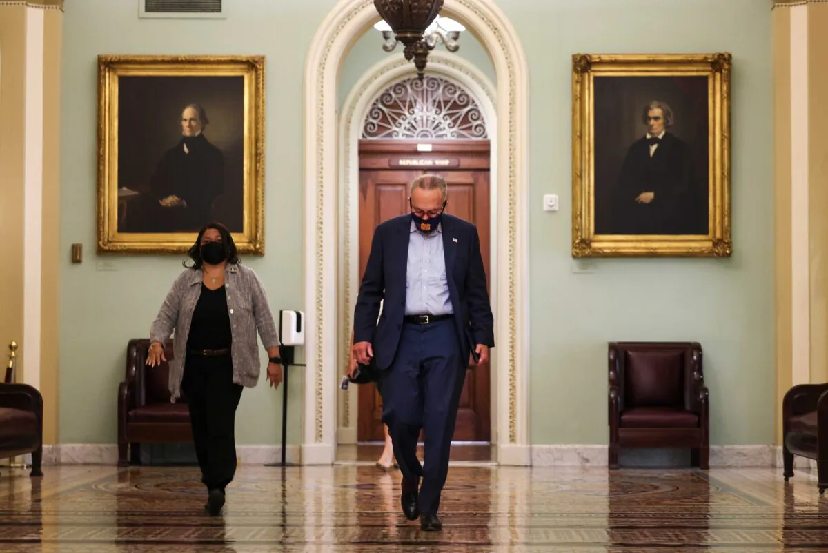 Senate Majority Leader Charles Schumer (D-N.Y.) arrives at the U.S. Capitol in Washington on Sept. 29, 2021. (Kevin Dietsch/Getty Images)