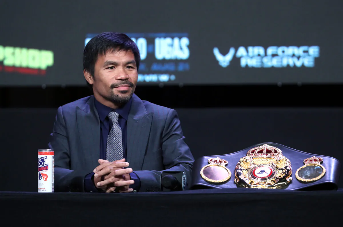Manny Pacquiao attends a news conference at MGM Grand Garden Arena in Las Vegas, Nev., on Aug. 18, 2021. (Steve Marcus/Getty Images)