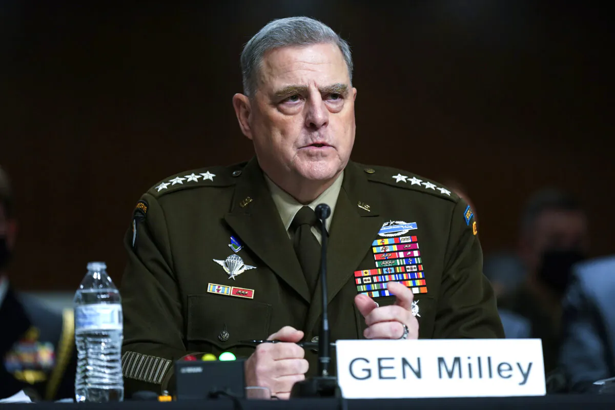 Chairman of the Joint Chiefs of Staff Gen. Mark Milley speaks during a Senate Armed Services Committee hearing on the conclusion of military operations in Afghanistan and plans for future counterterrorism operations, on Capitol Hill in Washington on Sept. 28, 2021. (Patrick Semansky/Pool via AP Photo)