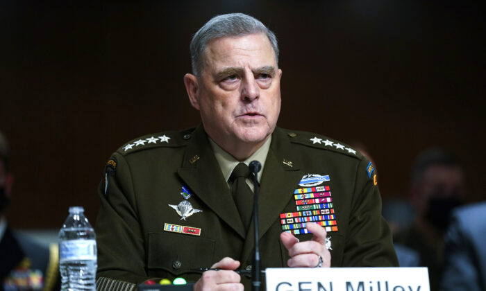Chairman of the Joint Chiefs of Staff Gen. Mark Milley speaks during a Senate Armed Services Committee hearing on the conclusion of military operations in Afghanistan and plans for future counterterrorism operations, on Capitol Hill in Washington on Sept. 28, 2021. (Patrick Semansky/Pool via AP Photo)